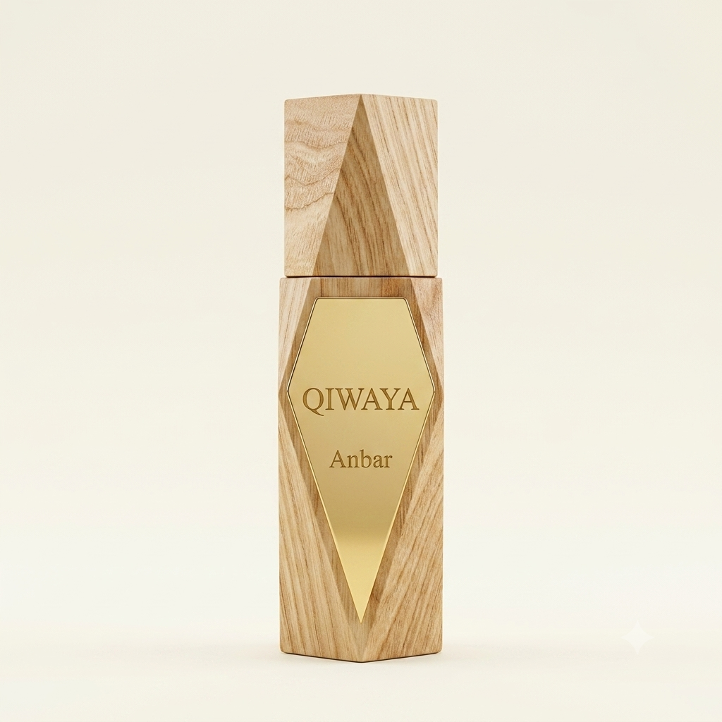 Qiwaya Anbar alcohol-free attar in a wooden bottle with gold label