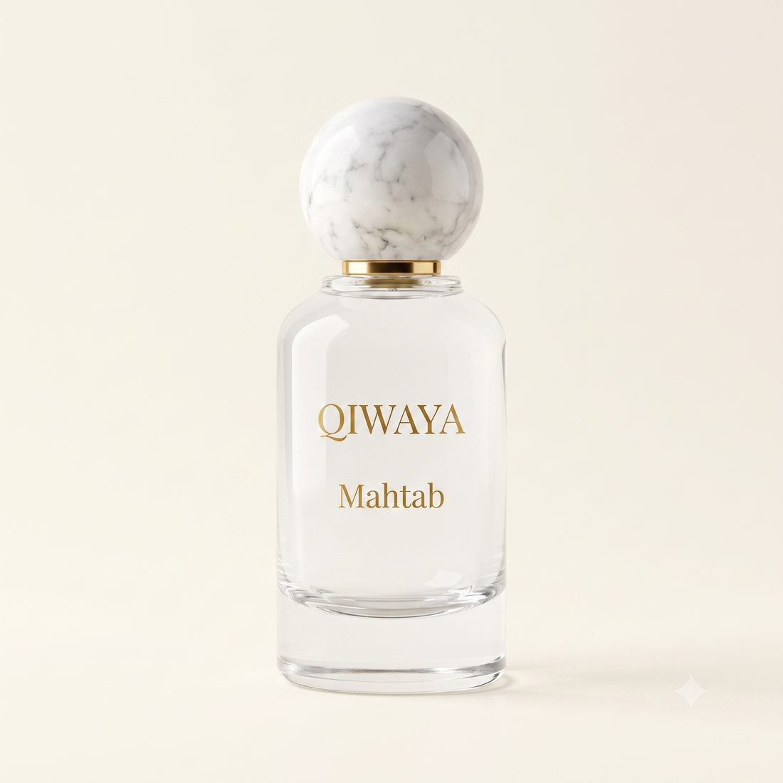 Qiwaya Mahtab eau de parfum — clear bottle with white marble sphere cap