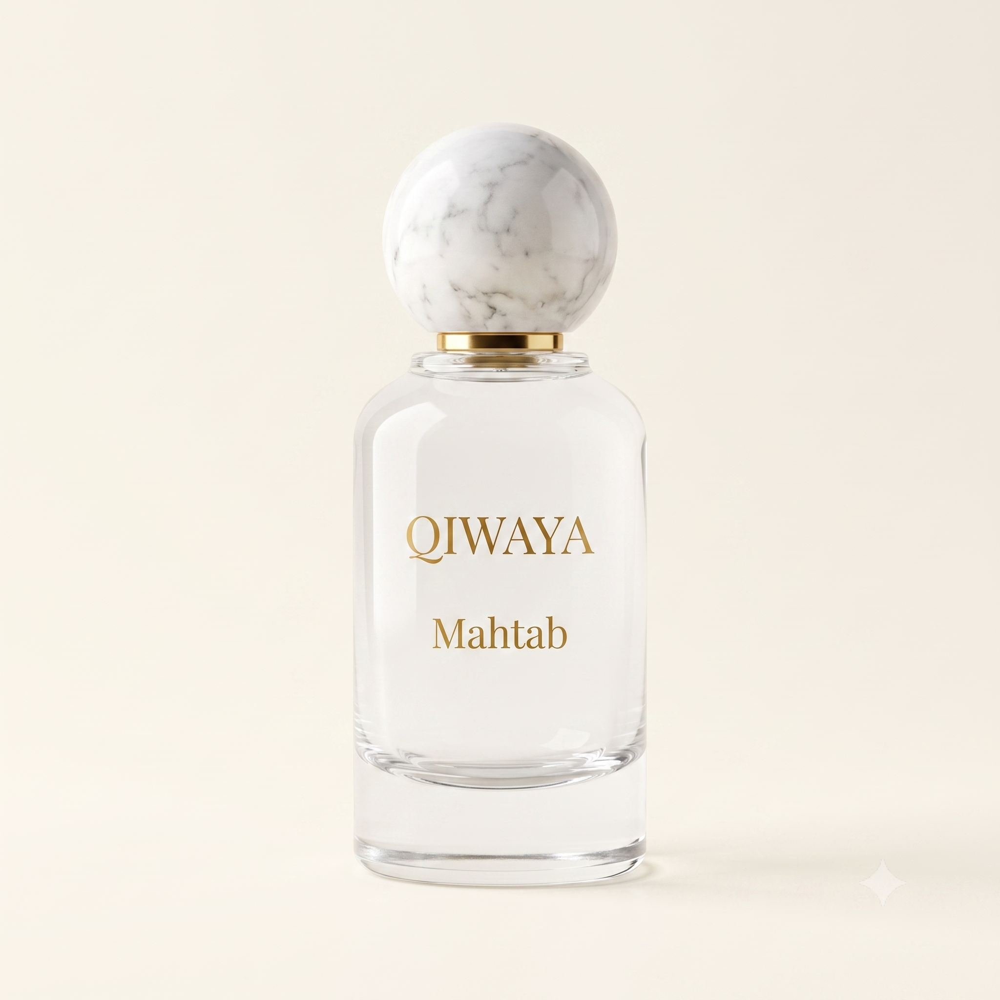 Qiwaya Mahtab eau de parfum — clear bottle with white marble sphere cap