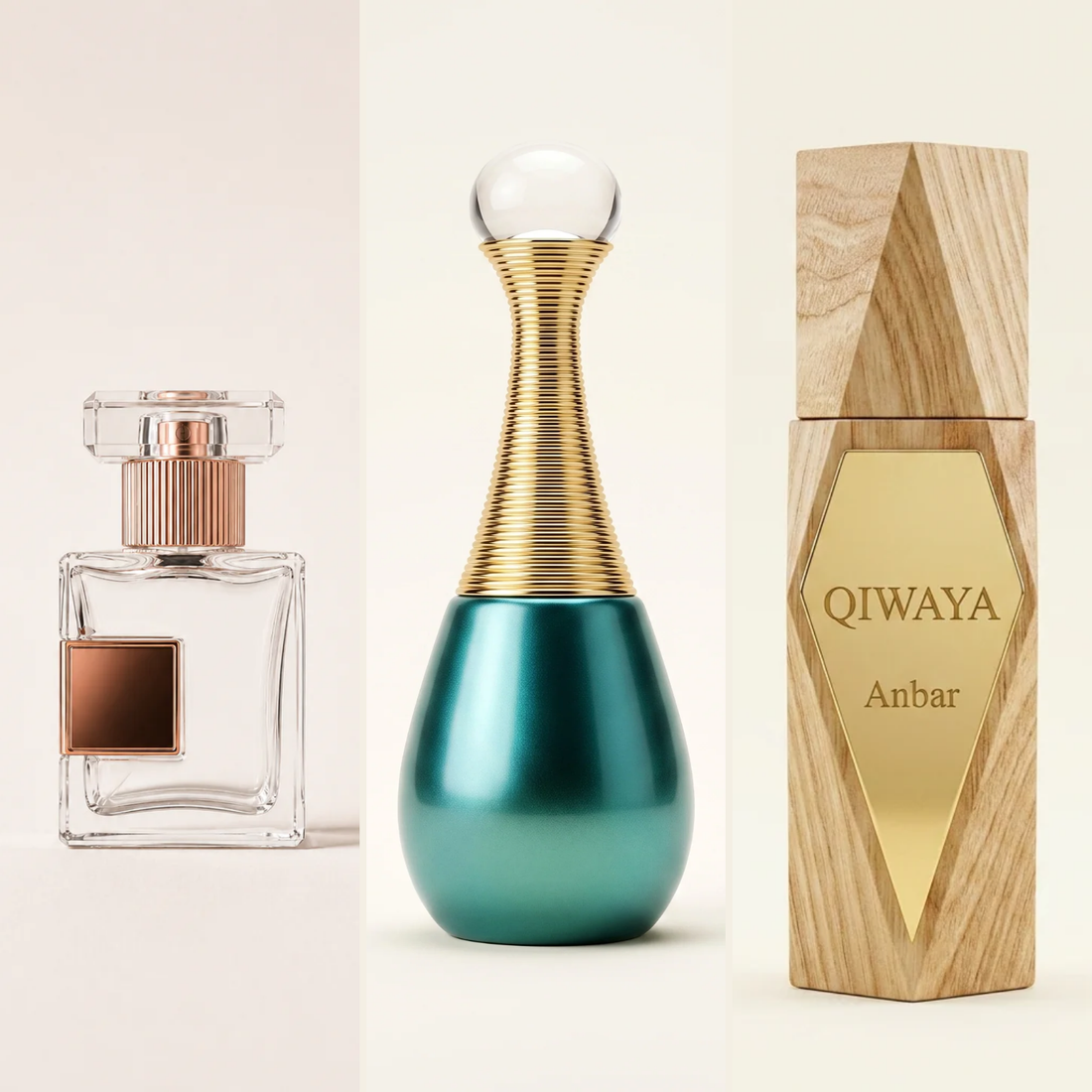 Qiwaya attars and perfumes — Noor, Sehr and Anbar bottles