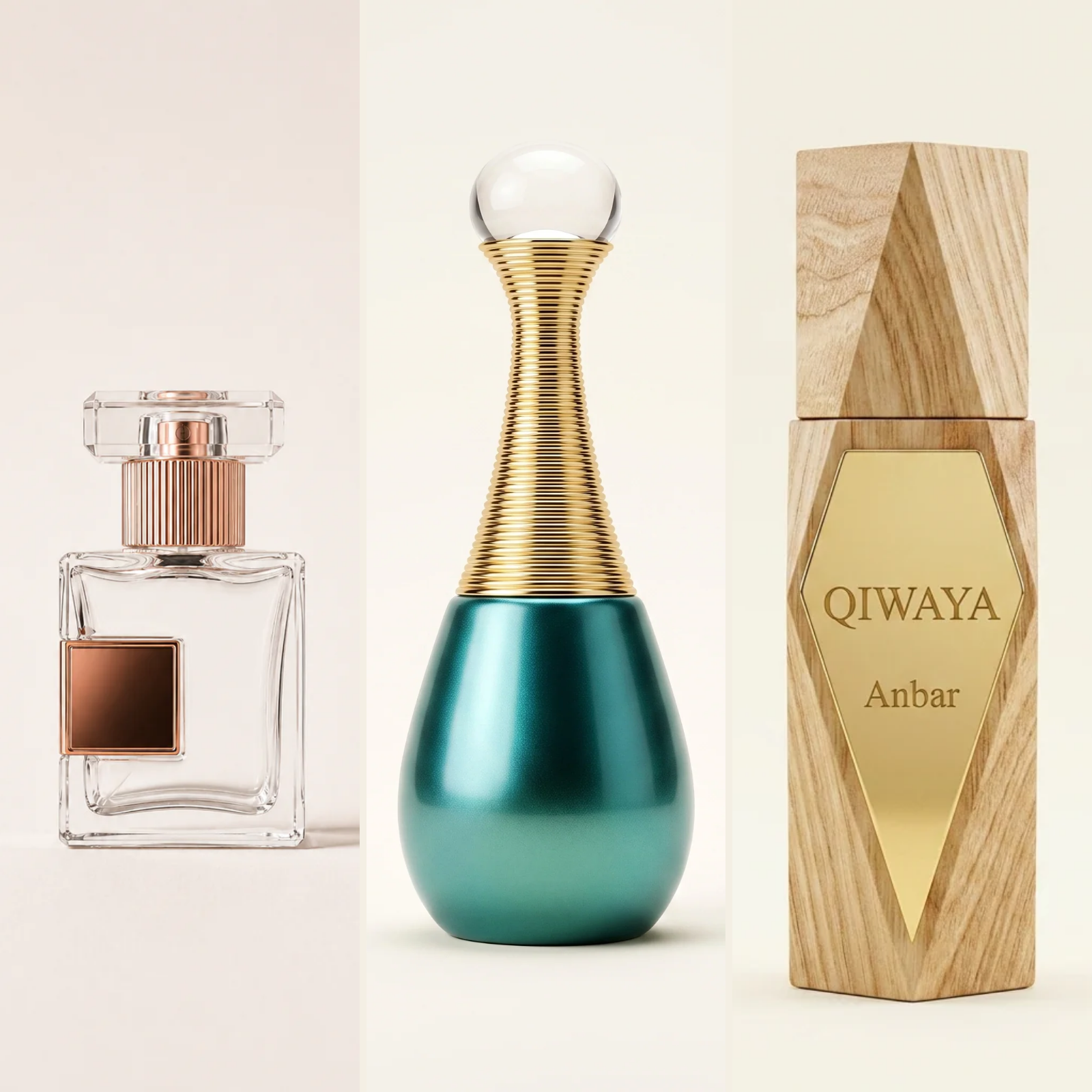Qiwaya attars and perfumes — Noor, Sehr and Anbar bottles