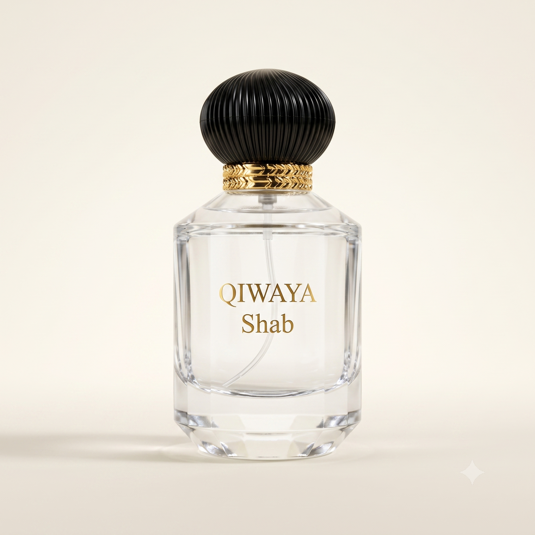 Qiwaya Shab oud eau de parfum — faceted glass bottle with black dome cap