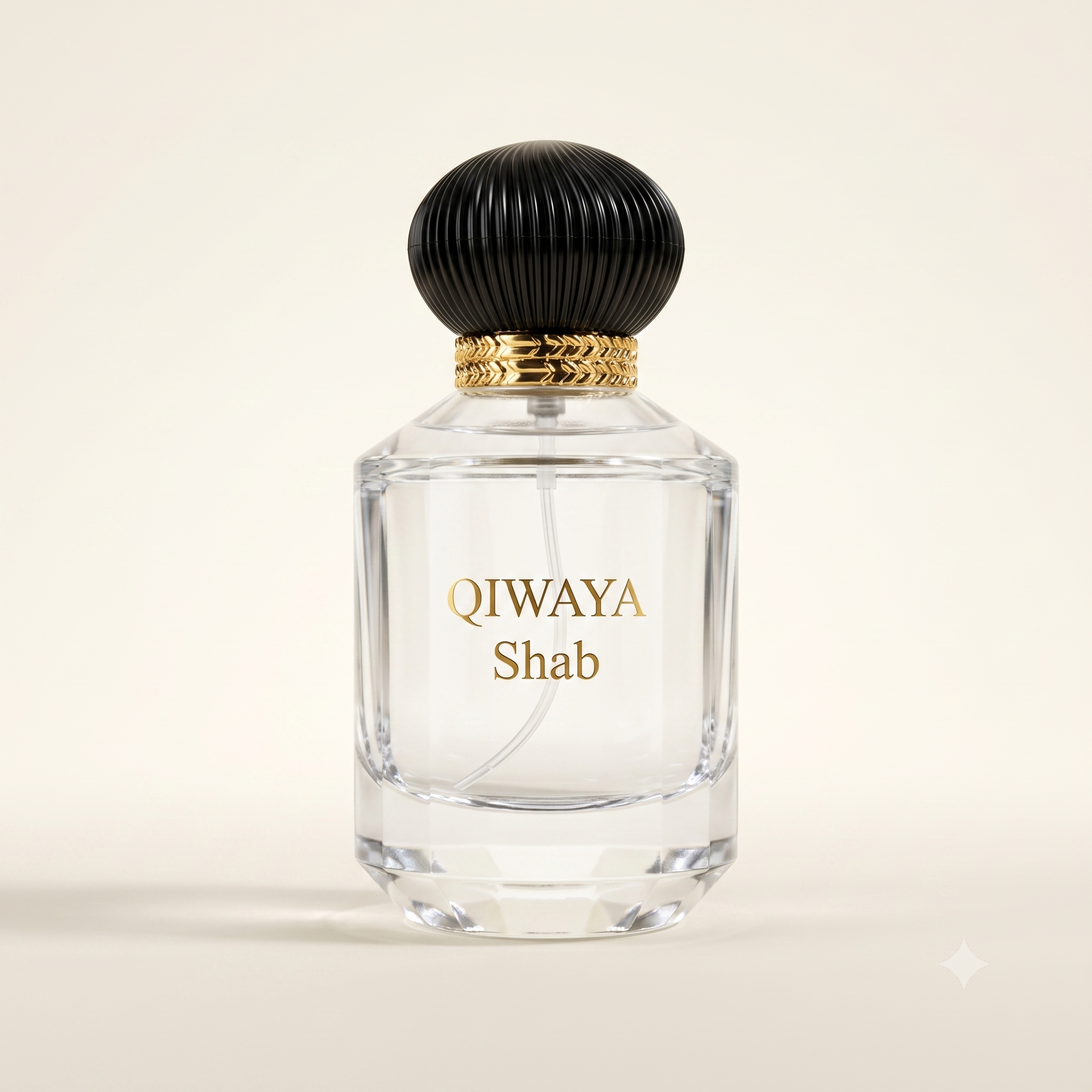 Qiwaya Shab oud eau de parfum — faceted glass bottle with black dome cap