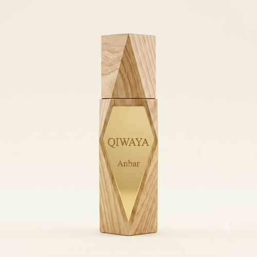 QIWAYA Anbar attar — wooden geometric bottle with gold diamond label
