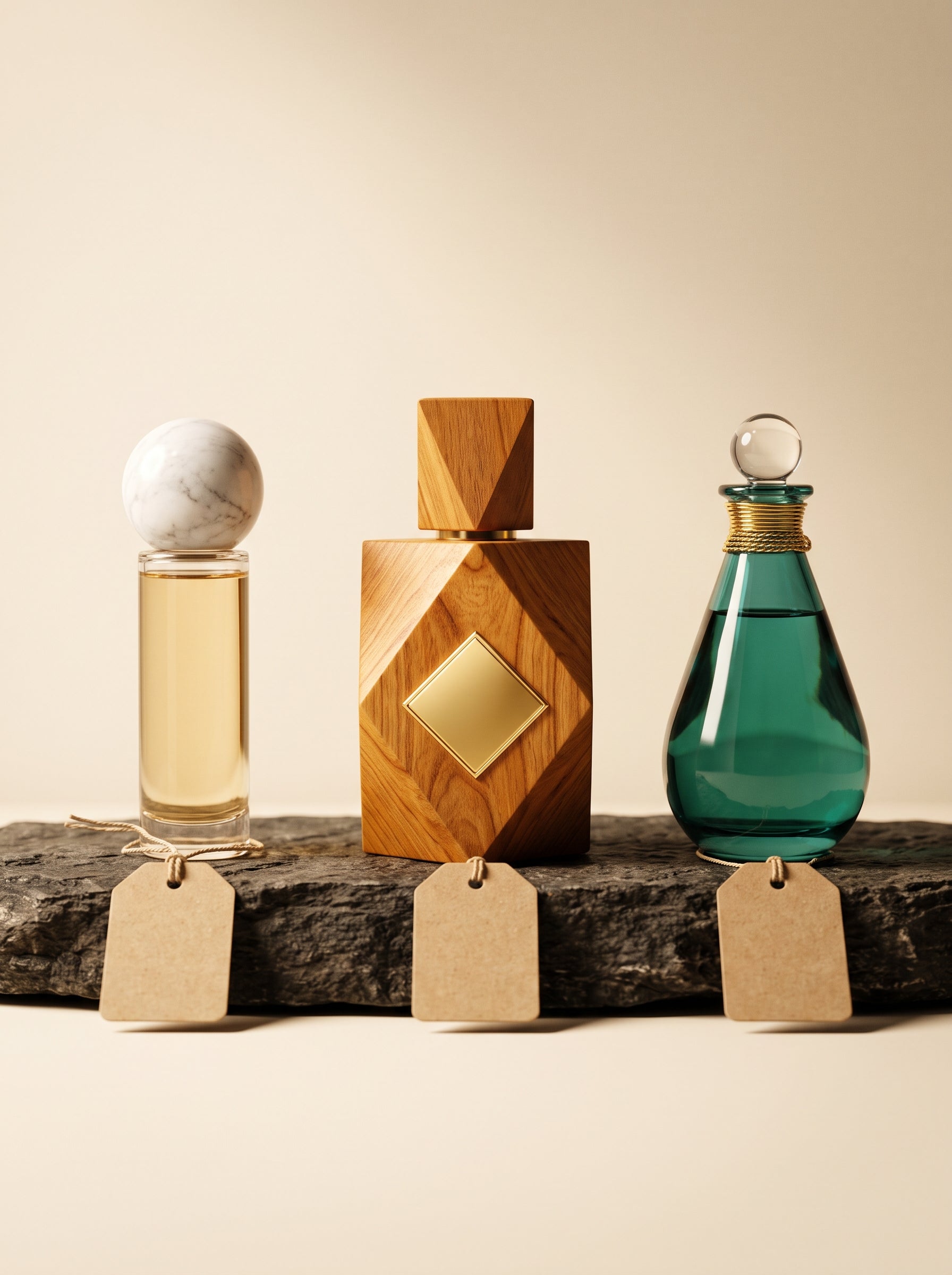 Qiwaya Attar Discovery Set — Mahtab, Anbar and Sehr alcohol-free attars with numbered kraft tags
