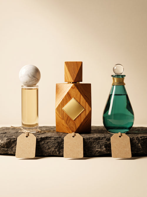 Qiwaya Attar Discovery Set — Mahtab, Anbar and Sehr alcohol-free attars with numbered kraft tags