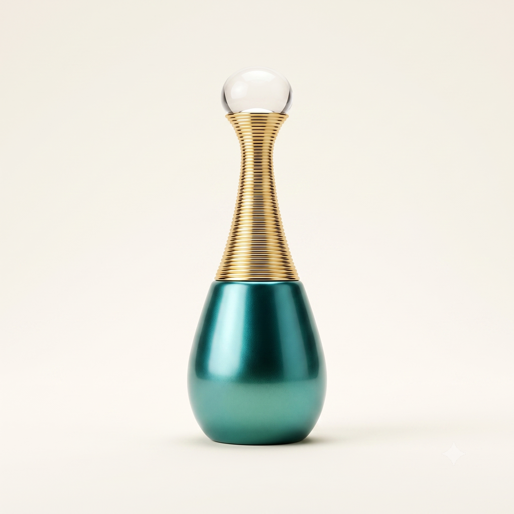 QIWAYA Sehr attar — teal teardrop bottle with gold wire neck and glass sphere