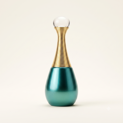 QIWAYA Sehr attar — teal teardrop bottle with gold wire neck and glass sphere