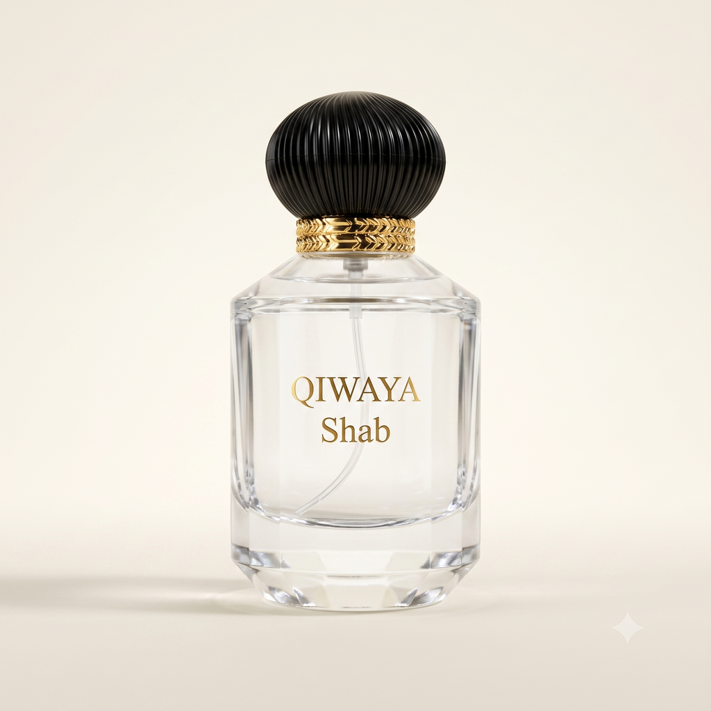 QIWAYA Shab eau de parfum — faceted glass bottle with black ribbed dome cap